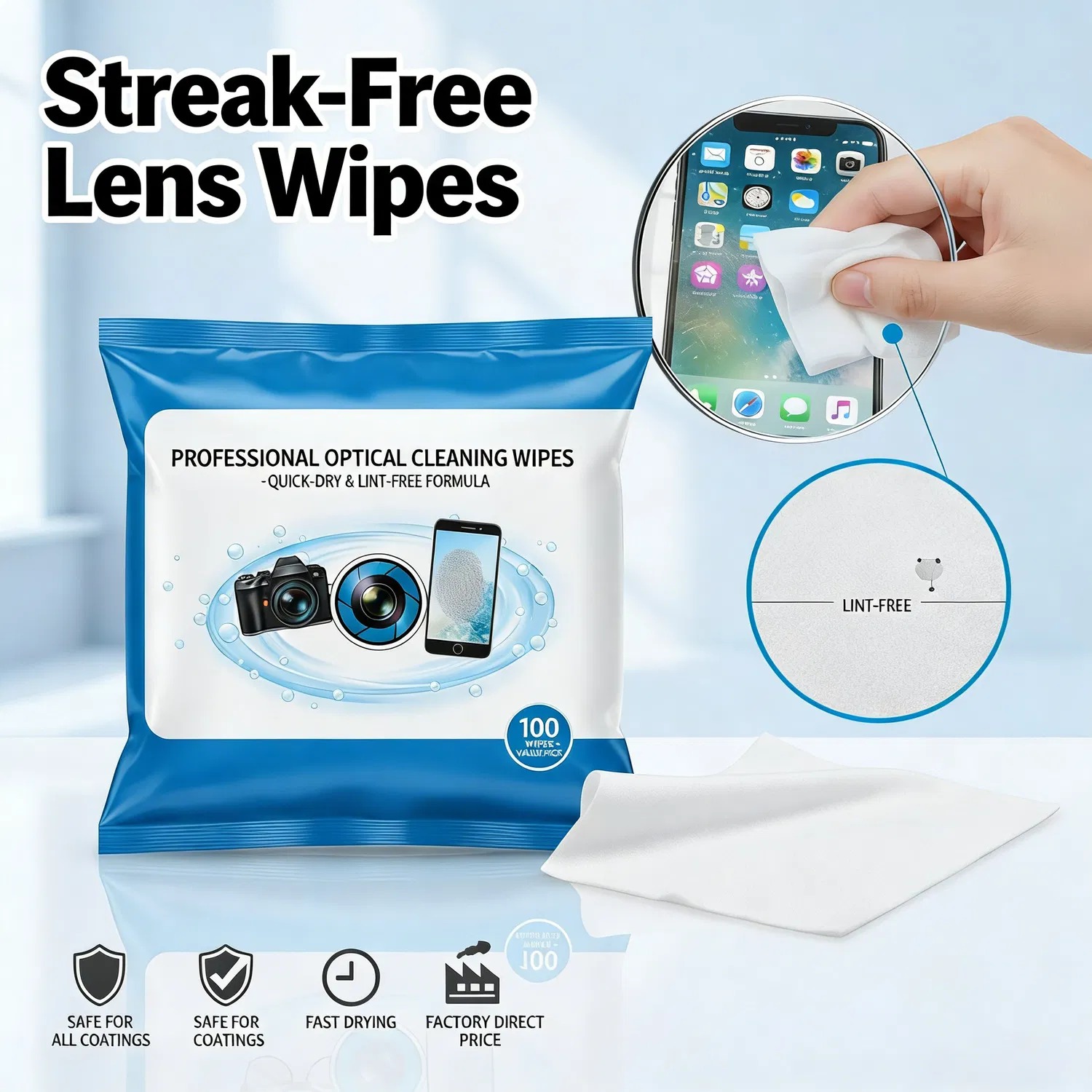 Lens Wipes for Eyeglasses-Pre-Moistened Cleaning Wipes for Camera Lens & Screens-Professionaloem Lens Cleaner